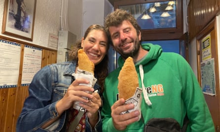 Michele Simone and wife Sara enjoying a panzerotto in Monte Sant’Angelo.