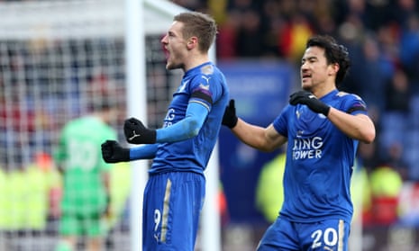 Jamie Vardy celebrates after scoring from the penalty spot to make it 1-0 for Leicester against Watford.