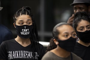 A protestor wears an “I Can’t Breathe” face coverings as people gather for a peaceful march to city hall on May 29, 2020 in Louisville, Kentucky. Protests have erupted after recent police-related incidents resulting in the deaths of African-Americans Breonna Taylor in Louisville and George Floyd in Minneapolis, Minnesota.