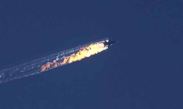 Screengrab of Russian fighter jet shot down over Syrian-Turkish border