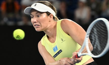 Danielle Collins hits a return against compatriot Madison Keys during their women’s singles match at the Australian Open