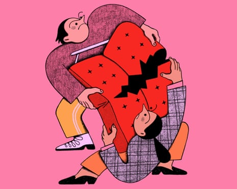 An illustration showing a couple pulling apart a red sofa as they fight over it.