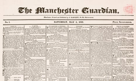 The Manchester Guardian, first edition, 5 May 1821. Page one