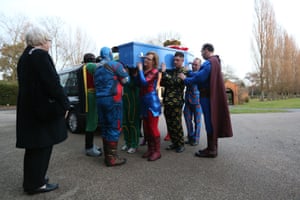 Morden, England Pallbearers dressed as superheroes