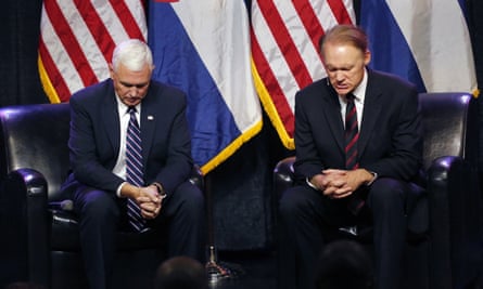 The Republican vice-presidential candidate, Mike Pence, left, prays with Todd Hudnall, pastor of Radiant church, at the start of a Pastor Roundtable in Colorado Springs, Colorado, on 22 September.
