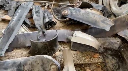 Bomb fragments among the debris and ruins.