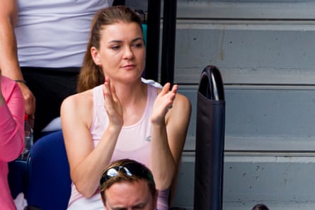 Agnieszka Radwańska cheers from the player box during Magda Linette’s quarter-final.