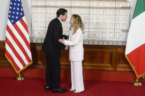 Giorgia Meloni greets Marco Rubio for his diplomatic visit in Rome.