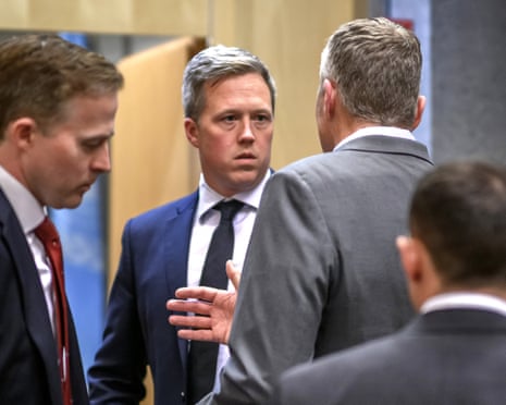 US Secretary of the Army Daniel Driscoll (C) speaks with US staff after a closed-door talks with the Ukrainian delegation on a US plan to end the war in Ukraine at the US Mission in Geneva, Switzerland.