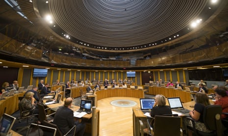 The debating chamber in the Senedd in Cardiff, Wales