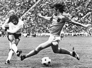 Scoring the second goal for West Germany against Netherlands in the 1974 World Cup final.