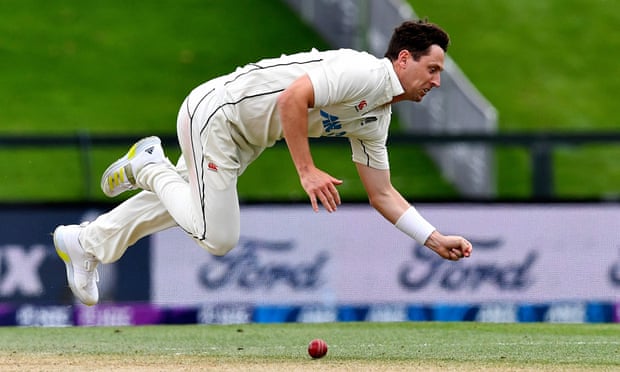 New Zealand’s Matt Henry dives to stop a ball in the match against South Africa at Hagley Oval.