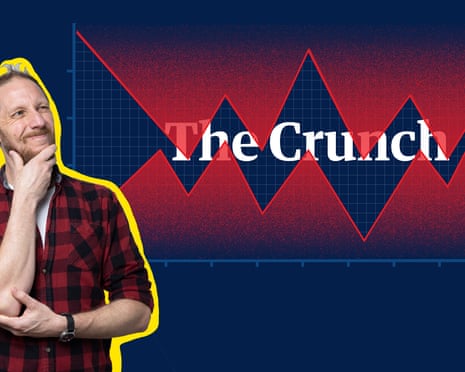 Guardian Australia data and interactives editor Nick Evershed practises his sceptical YouTube face in front of a giant The Crunch logo