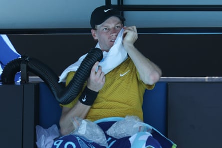 Jannik Sinner cools down with an air conditioning tube while playing Eliot Spizzirri on day seven of the 2026 Australian Open