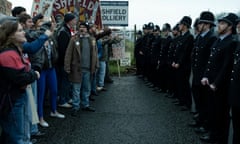 BBC Sherwood scene from 1980s miners' strike with miners facing police