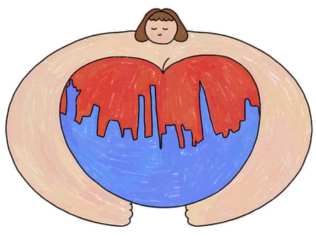 illustration of child holding heart-shaped apple with new york city skyline on it