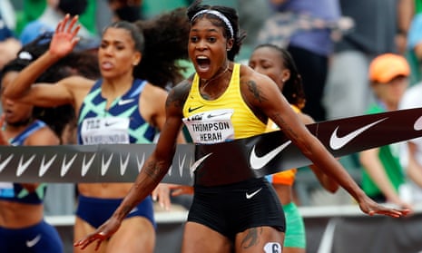 Elaine Thompson-Herah celebrates as she wins the 100m at Eugene a fortnight ago, recording the second-fastest 100m time in history.