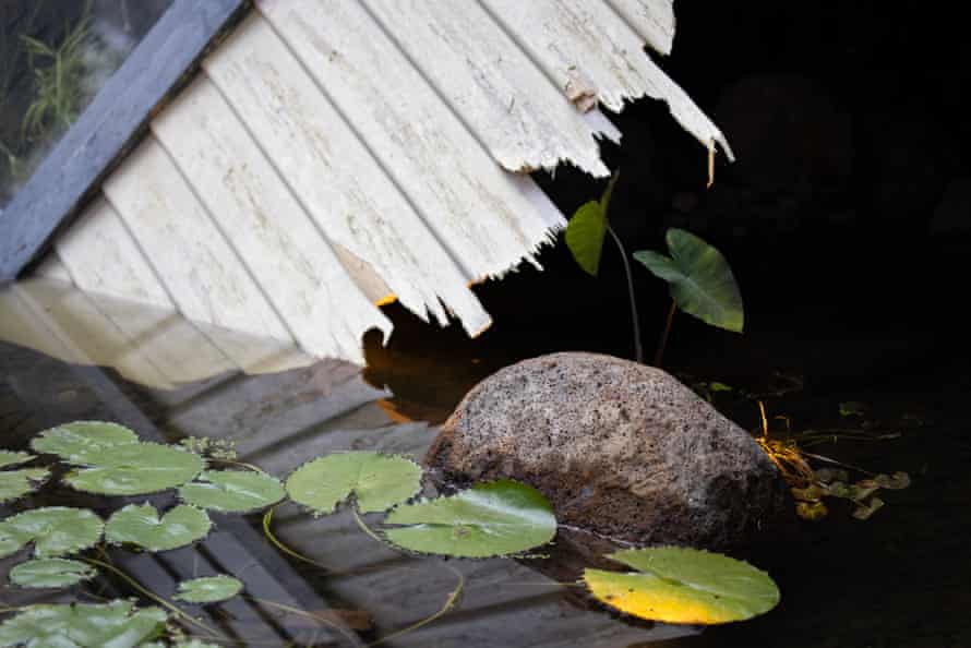 Volcanic basalt boulders around the pond