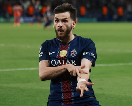 Khvicha Kvaratskhelia celebrates scoring his second, and PSG’s fourth goal.