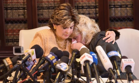 Attorney Gloria Allred comforts her client, Heather Kerr, during a press conference regarding the sexual assault allegations that have been brought against Harvey Weinstein in Hollywood on 20 October 2017