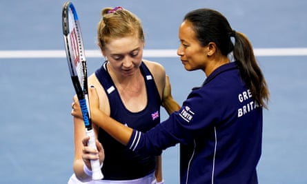 Alicia Barnett is consoled by her captain, Anne Keothavong, after their semi-final defeat to Australia.