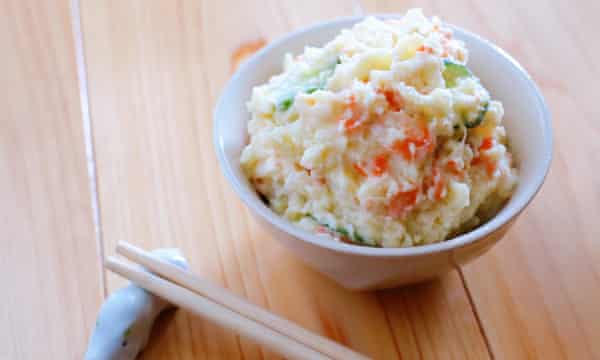 A Japanese potato salad with carrot, cucumber and spring onions