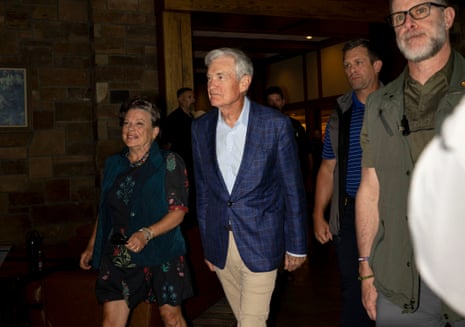 Federal Reserve Chief Jerome Powell and his wife arrive at the Jackson Hole Economic Symposium on August 21, 2025 near Jackson Hole, Wyoming.