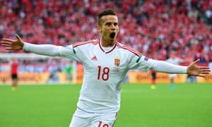Zoltan Stieber celebrates after scoring the second goal for Hungary.
