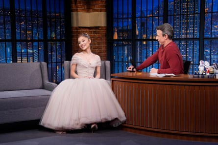 Ariana Grande wears a custom Paolo Sebastian gown on Late Night With Seth Meyers