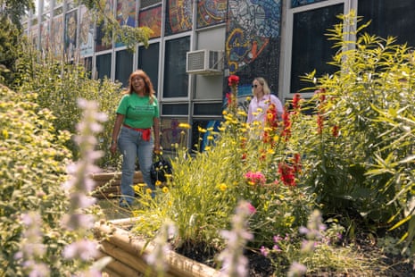 a woman in a green t shirt stands among a lush garden of native plants