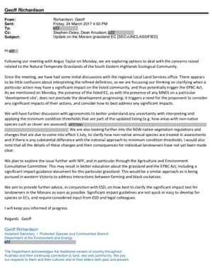 Screengrabs of documents supplied to Guardian Australia from the FOI regarding the critically endangered grassland species in the Monaro region on NSW.