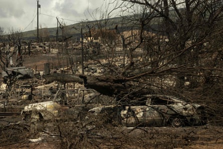 Carcasses of cars can be seen among the ashes of a burnt neighborhood in the aftermath wildfires in Lahaina.