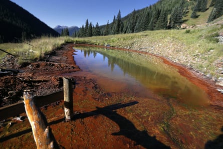 An abandoned mine wastewater pond high in the San Juan mountains in southwestern Colorado.