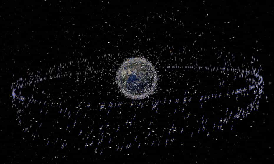 Computer-generated image shows trackable objects in orbit around Earth.