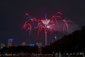 Fireworks from the Sky Tower welcome in the new year in Auckland, New Zealand