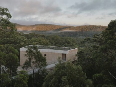 EA House’s flat-roofed brick building with a green roof sits amid dense forest at dusk