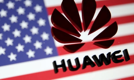 A Huawei logo and a US flag