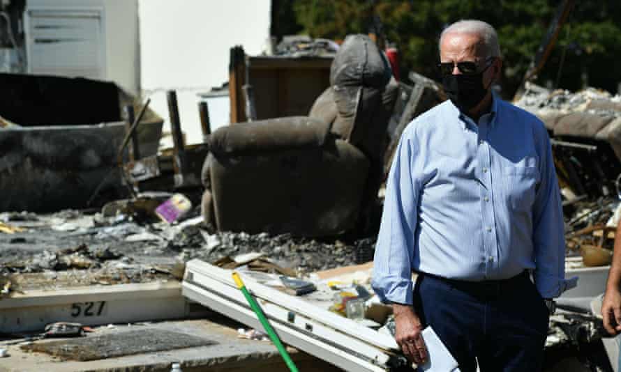 Joe Biden tours a neighborhood affected by Hurricane Ida in Manville, New Jersey, in September 2021