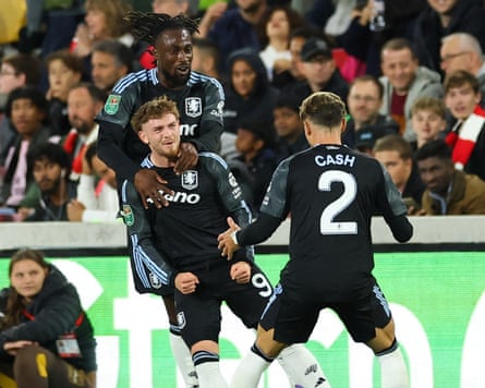 New signing Harvey Elliott (No 9 in picture) scored Aston Villa’s only goal of the season so far in the Carabao Cup defeat by Brentford
