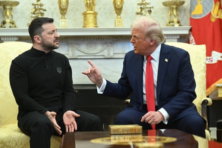 An angry-looking Trump gestures at Zelenskyy