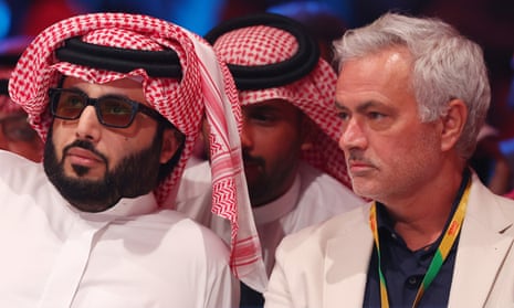 Turki Alalshikh, chairman of the General Entertainment Authority, watches a March boxing card alongside Portuguese football manager José Mourinho at Riyadh’s Kingdom Arena.