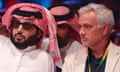 Turki Alalshikh, chairman of the General Entertainment Authority, watches a March boxing card alongside Portuguese football manager Jose Mourinho at Riyadh’s Kingdom Arena.