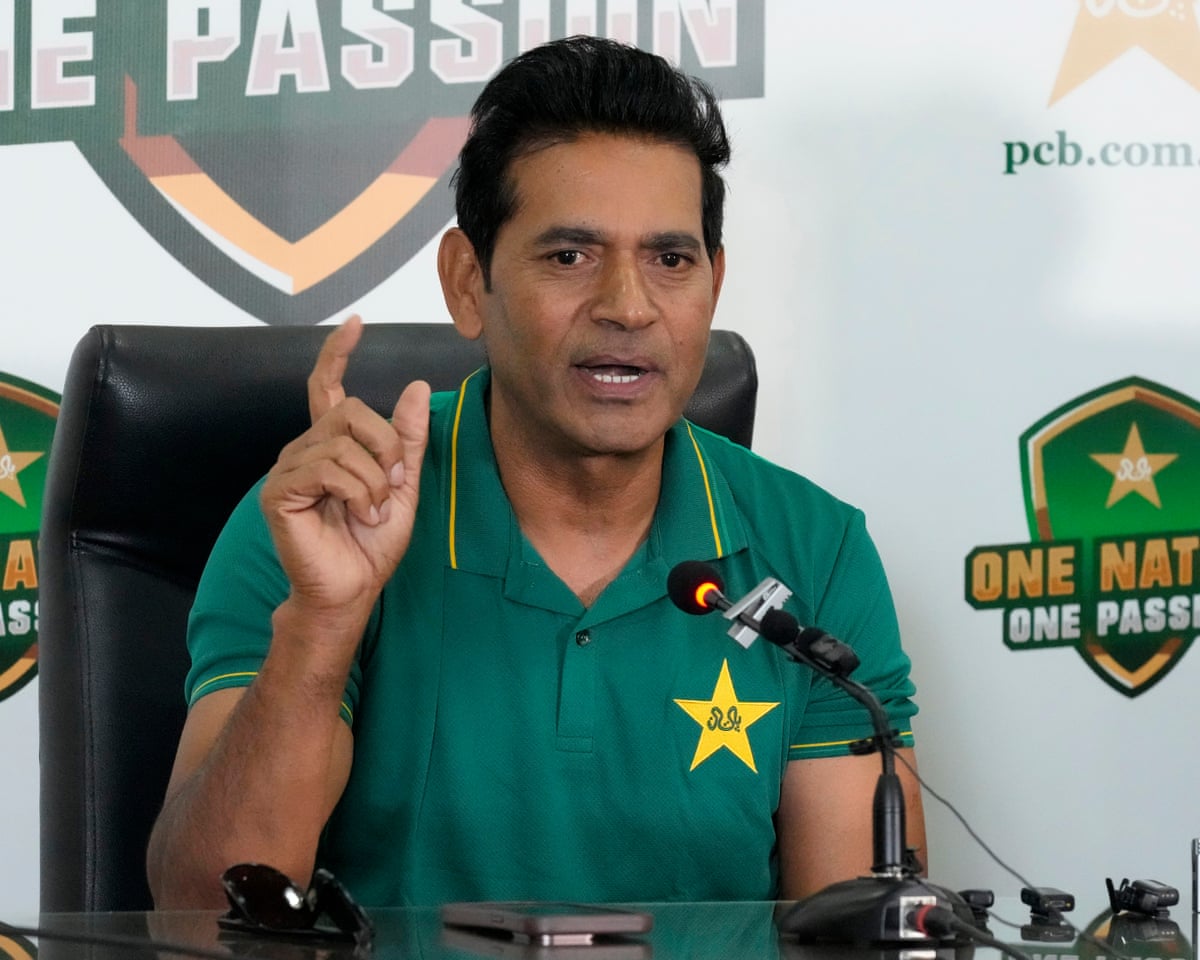 Aaqib Javed, pictured during his time as the interim head coach of the Pakistan cricket team, gives a press conference.