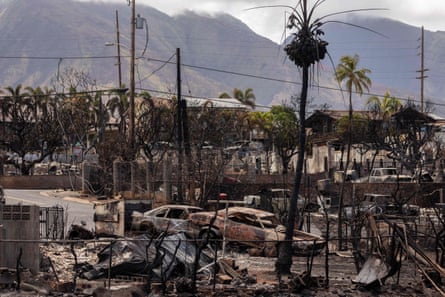 Destroyed buildings and cars are seen in the aftermath of the Maui wildfires in Lahaina, Hawaii, on 16 August 2023.