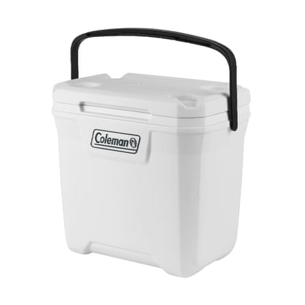 A white Coleman Xtreme Marine 28QT Cooler with black lever handle