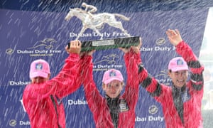 Josephine Gordon, Hollie Doyle and Hayley Turner celebrate 2018 Shergar Cup victory