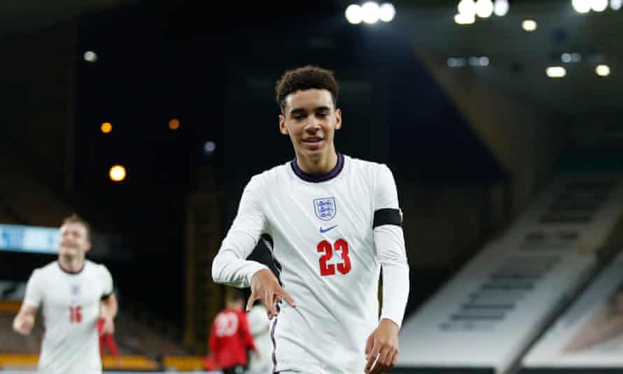 Jamal Musiala enjoys the moment after getting England’s third goal in an Euro Under-21 qualifier against Albania last November.