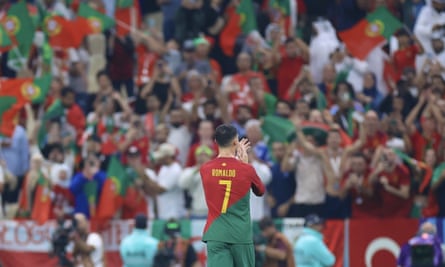 Cristiano Ronaldo greets the fans at the end of Portugal’s World Cup defeat of Switzerland.