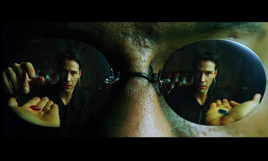 Gravitas … Laurence Fishburne gives Keanu Reeves a choice in The Matrix.