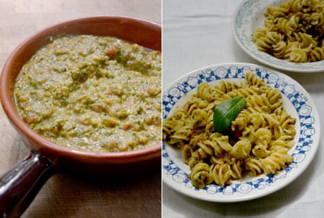 Rachel Roddy's pasta with pesto pantesco - tomatoes, basil, parsley, capers.